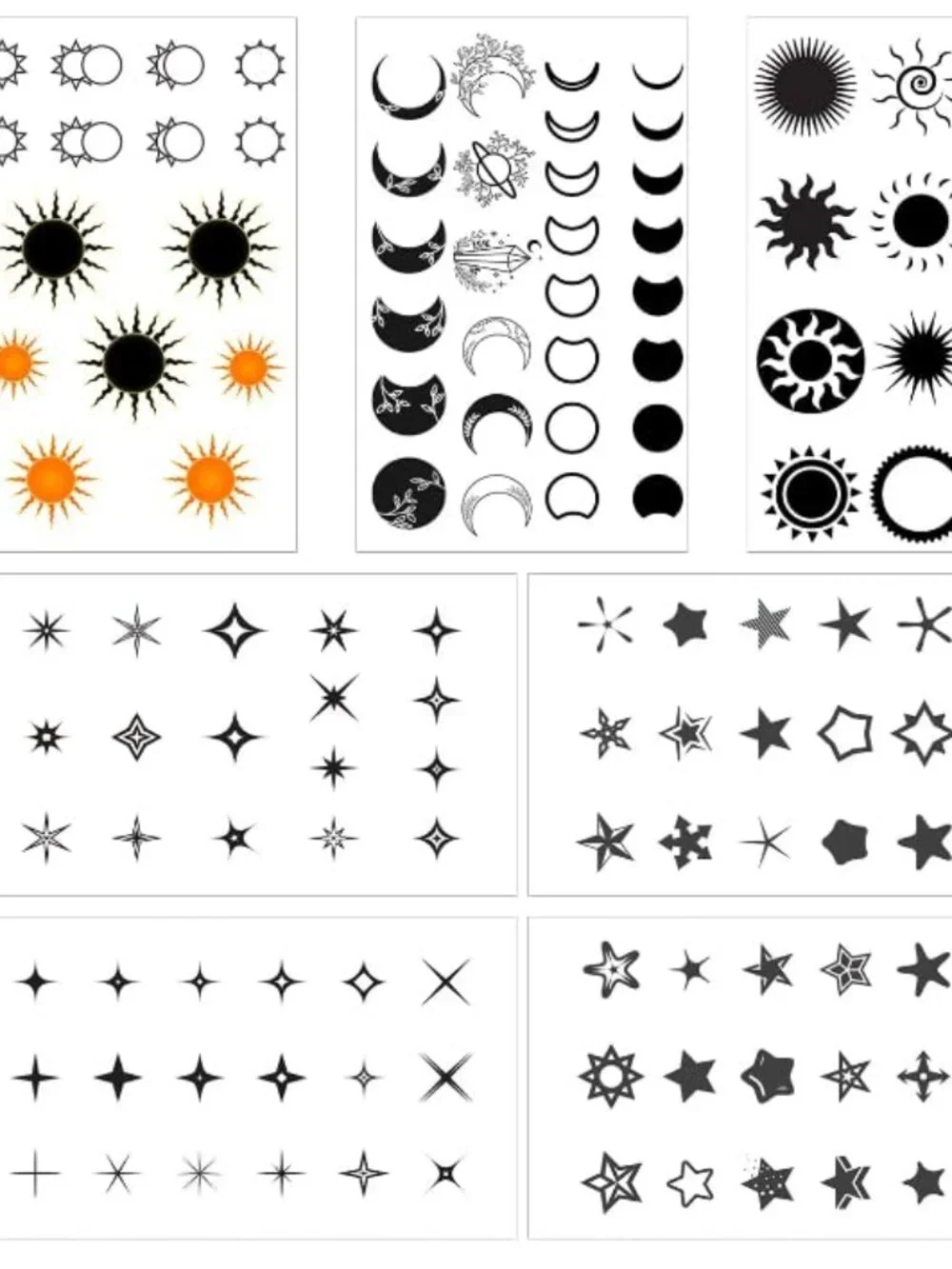 7 Sheets Celestial Tattoos. Sun Moon Star Temporary Tattoo Stickers.